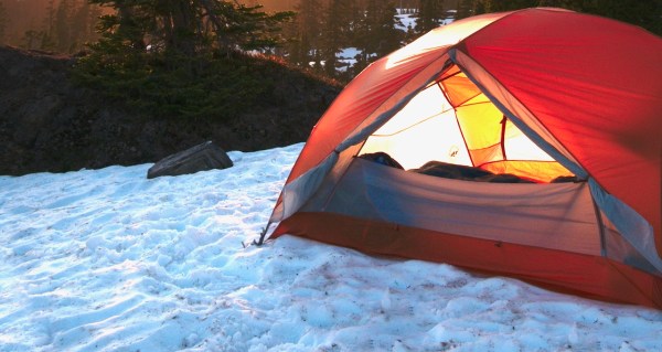 winter camping in a tent