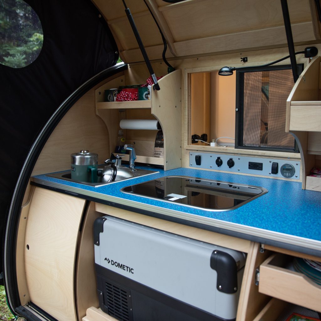 vistabule teardrop trailer cooking area