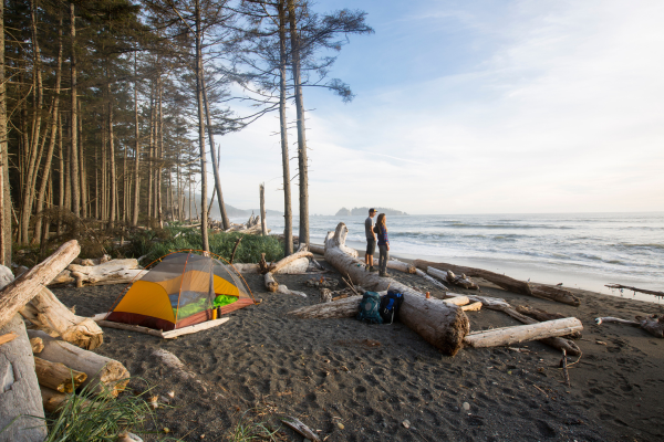 Visitors camping on the coast of Olympic National Park.